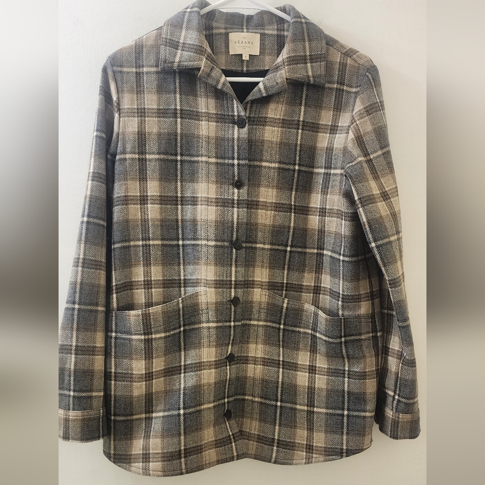 Sezane Women's Plaid Jacket - Gray and Tan, Size Small, 60 % Wool.